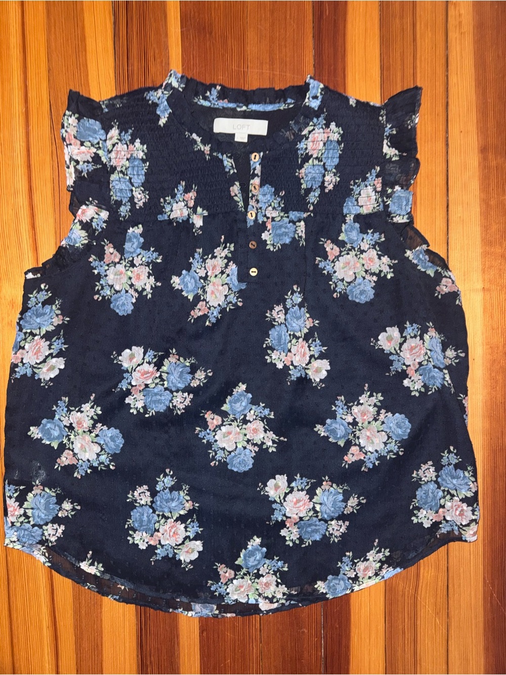 LOFT Navy Floral Ruffle Cap-Sleeve Blouse
